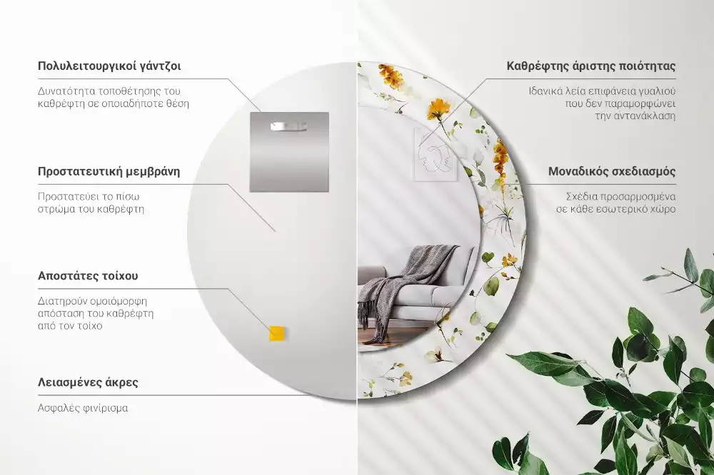 Miroir rond avec décoration Fleurs des champs