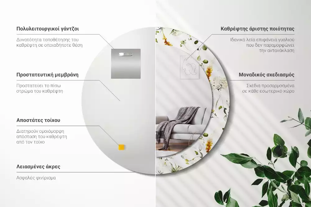 Miroir rond avec décoration Fleurs des champs