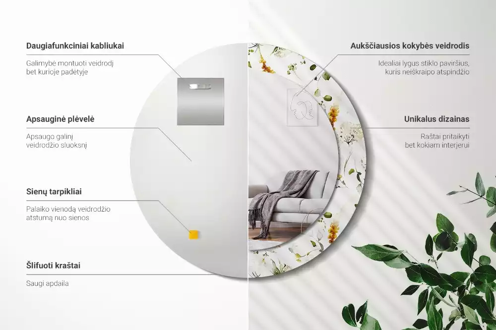 Miroir rond avec décoration Fleurs des champs