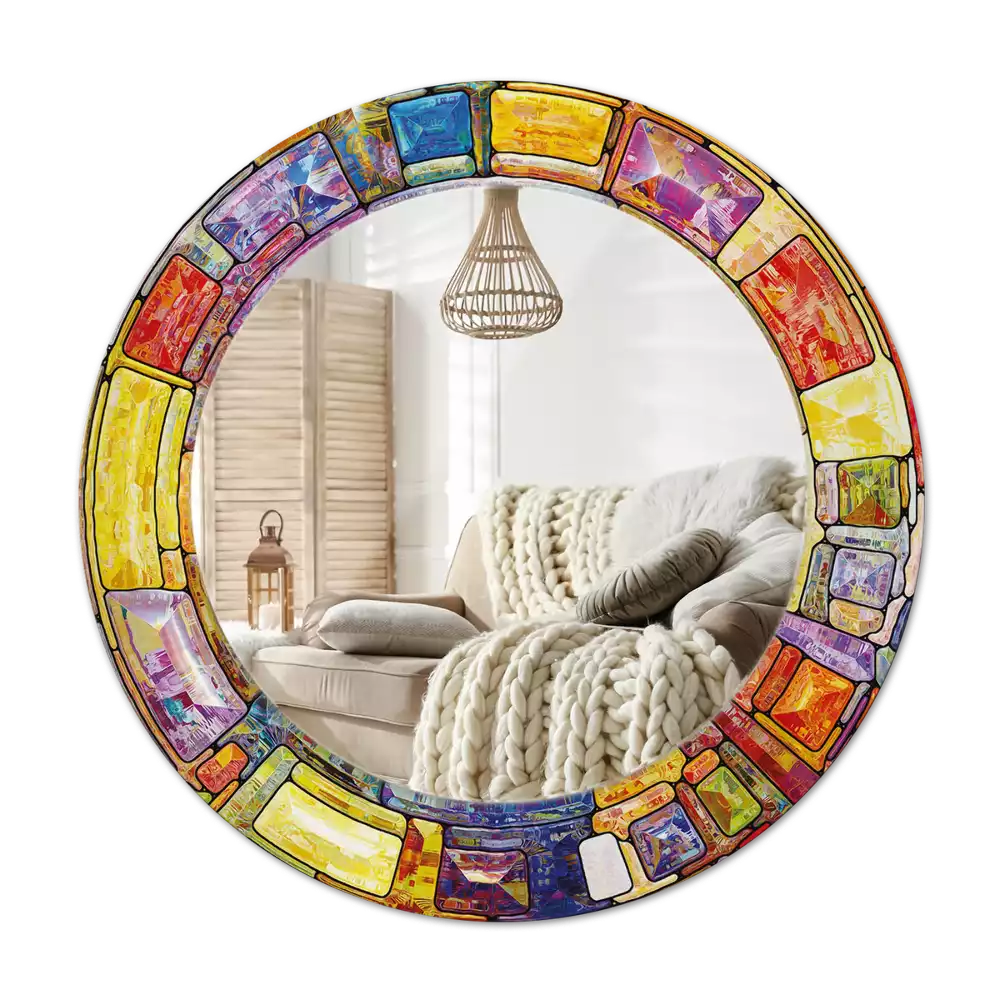 Miroir rond cadre avec impression Vitrail coloré