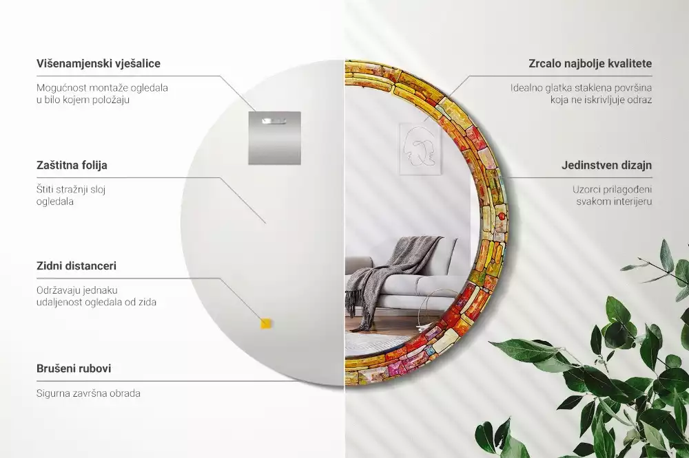 Miroir rond cadre avec impression Vitrail coloré