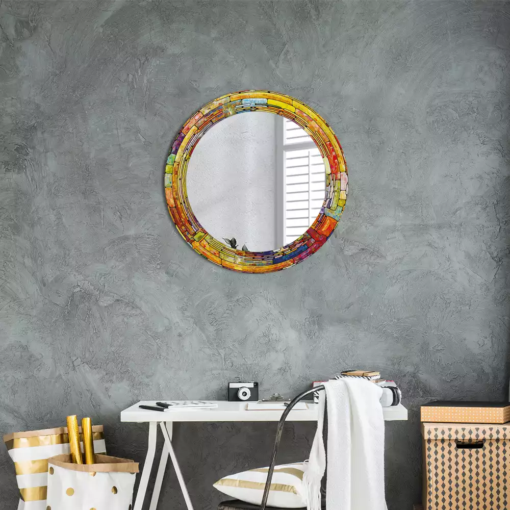 Miroir rond cadre avec impression Vitrail coloré