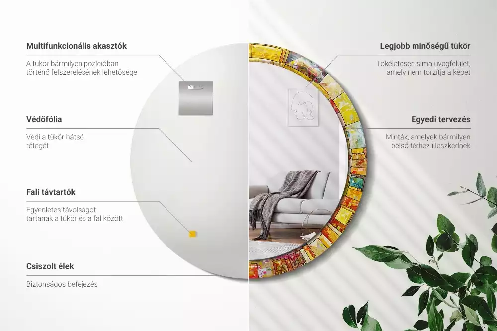 Miroir rond cadre avec impression Vitrail coloré