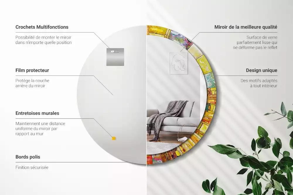 Miroir rond cadre avec impression Vitrail coloré