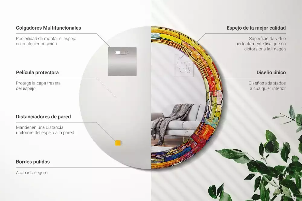 Miroir rond cadre avec impression Vitrail coloré