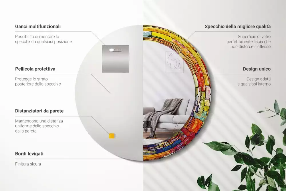 Miroir rond cadre avec impression Vitrail coloré