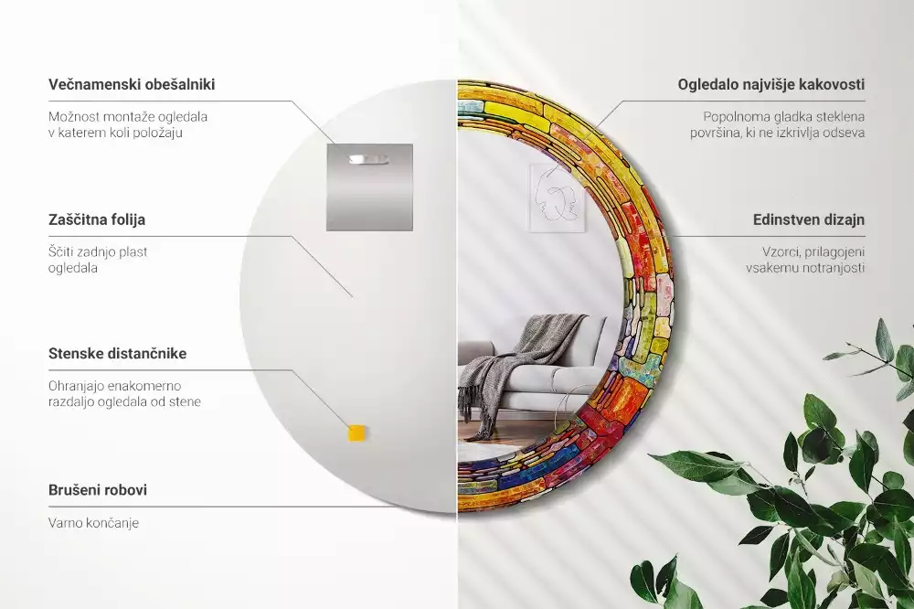 Miroir rond cadre avec impression Vitrail coloré