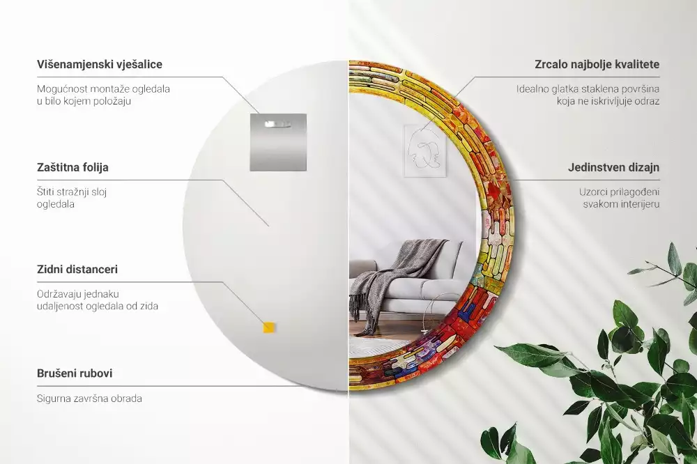 Miroir rond cadre avec impression Vitrail coloré