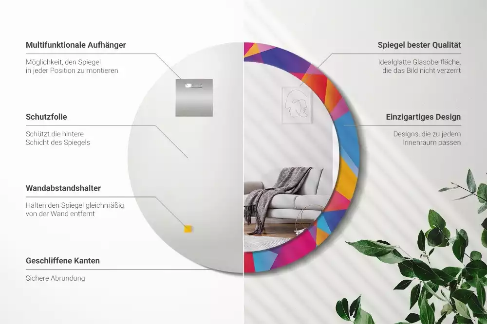 Miroir rond cadre avec impression Composition géométrique