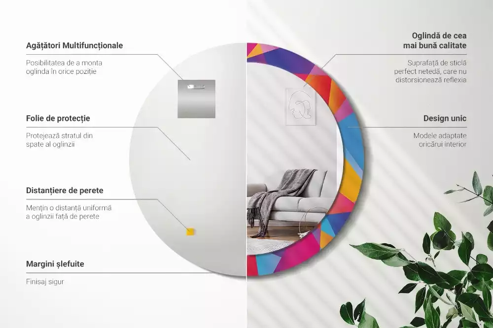 Miroir rond cadre avec impression Composition géométrique