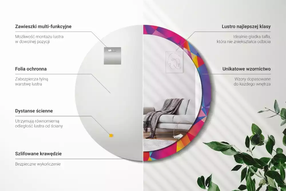 Miroir rond cadre avec impression Composition géométrique