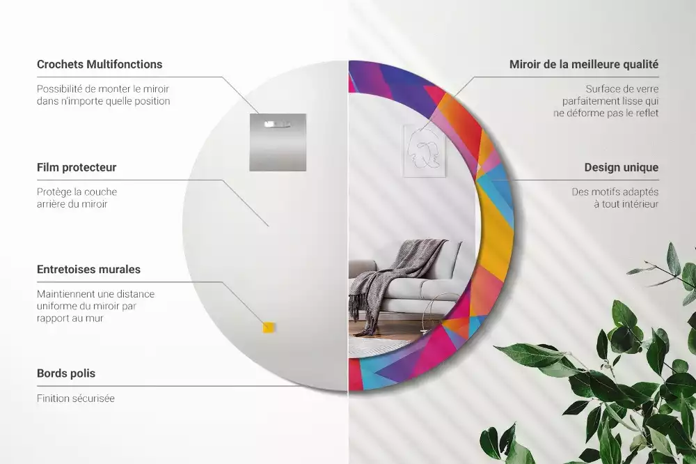 Miroir rond cadre avec impression Composition géométrique