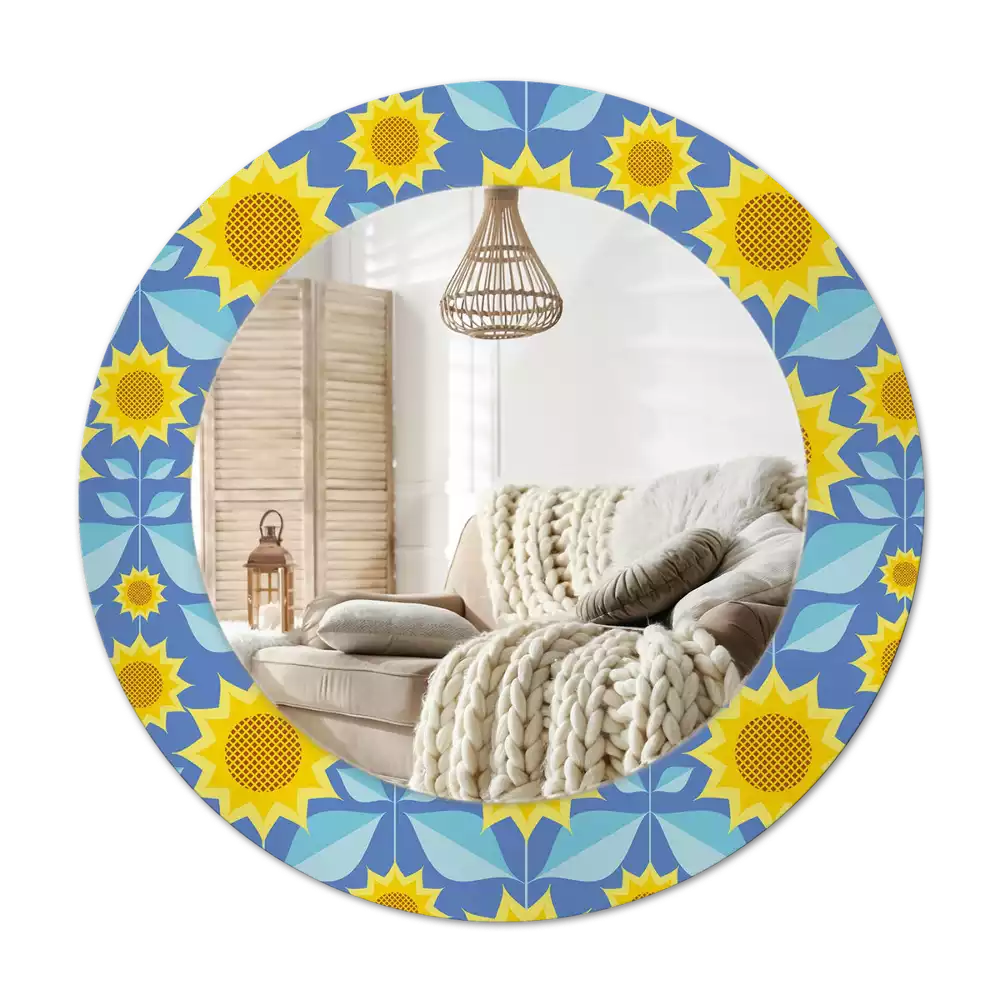 Miroir rond cadre avec impression Tournesols géométriques