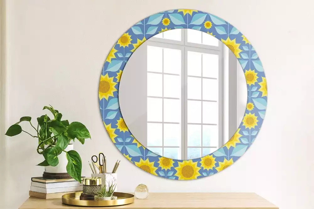 Miroir rond cadre avec impression Tournesols géométriques
