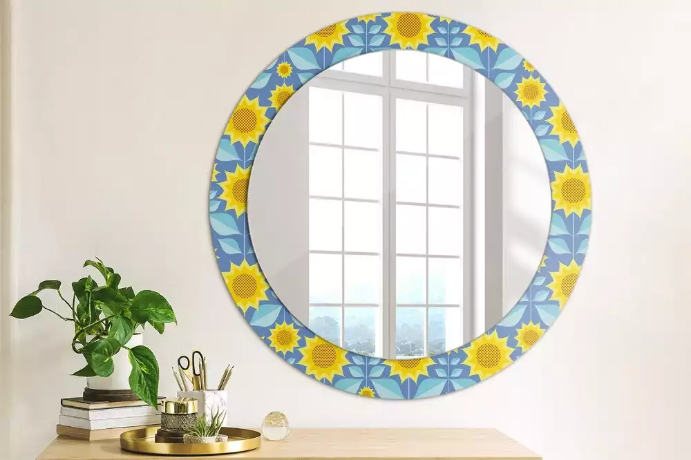 Miroir rond cadre avec impression Tournesols géométriques