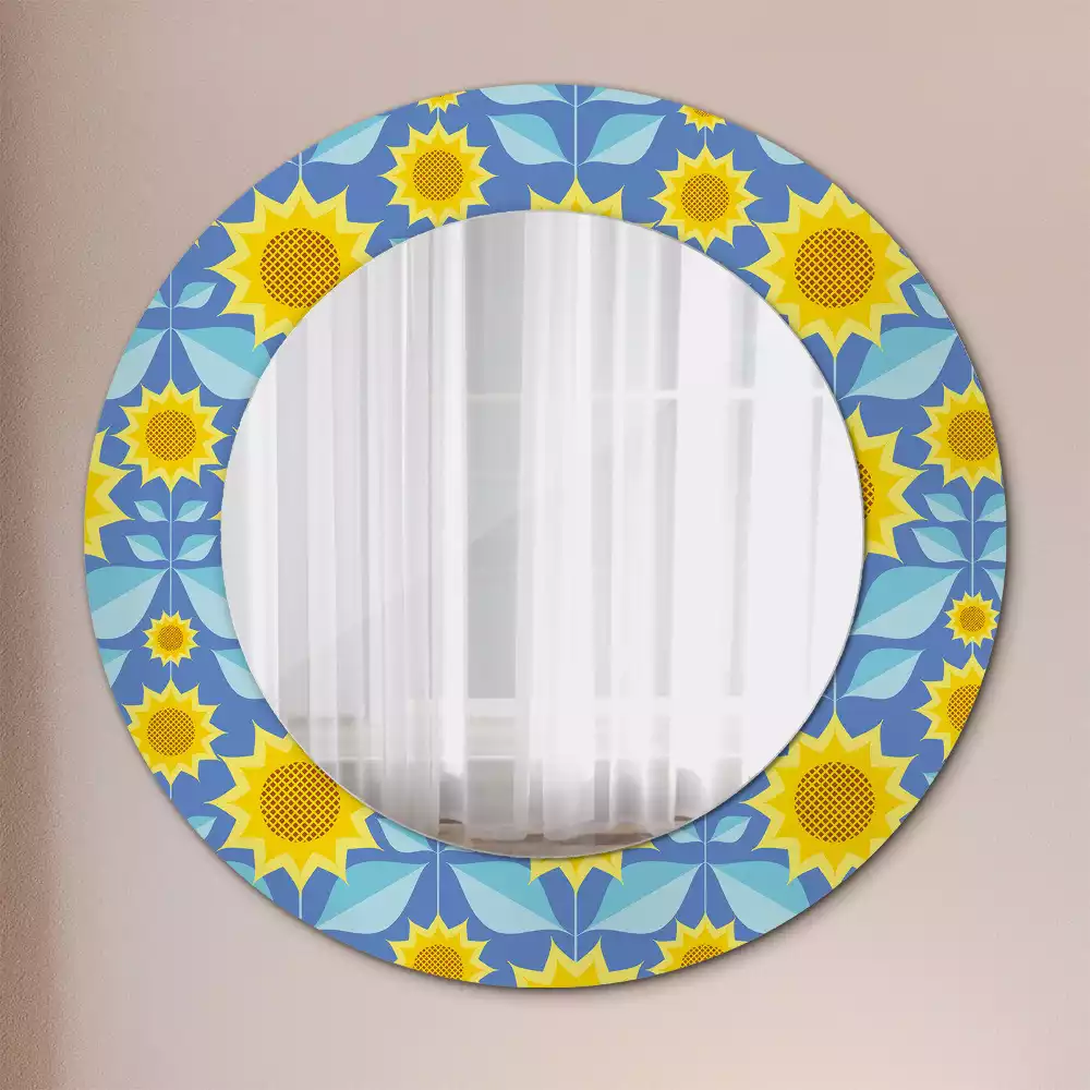 Miroir rond cadre avec impression Tournesols géométriques