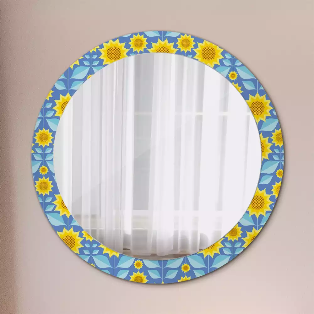 Miroir rond cadre avec impression Tournesols géométriques