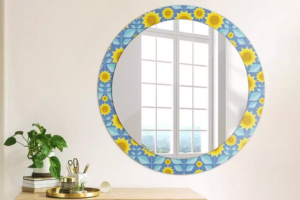 Miroir rond cadre avec impression Tournesols géométriques