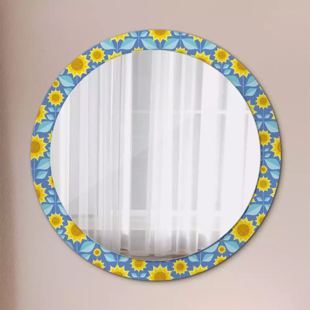 Miroir rond cadre avec impression Tournesols géométriques