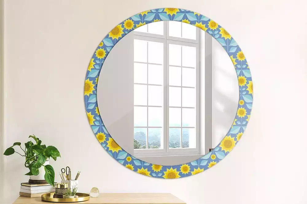 Miroir rond cadre avec impression Tournesols géométriques