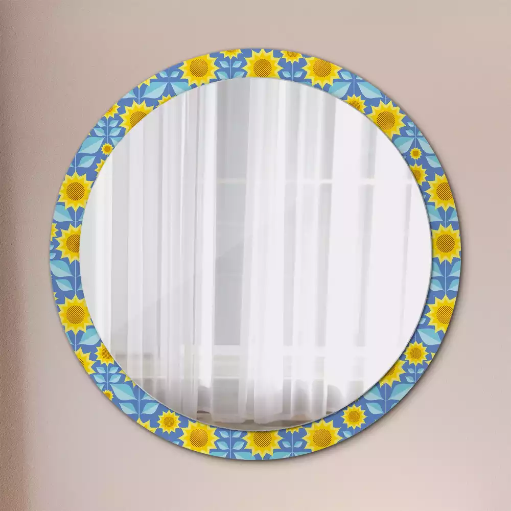 Miroir rond cadre avec impression Tournesols géométriques