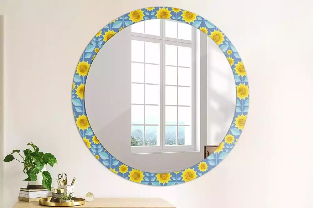 Miroir rond cadre avec impression Tournesols géométriques