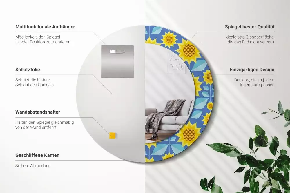 Miroir rond cadre avec impression Tournesols géométriques