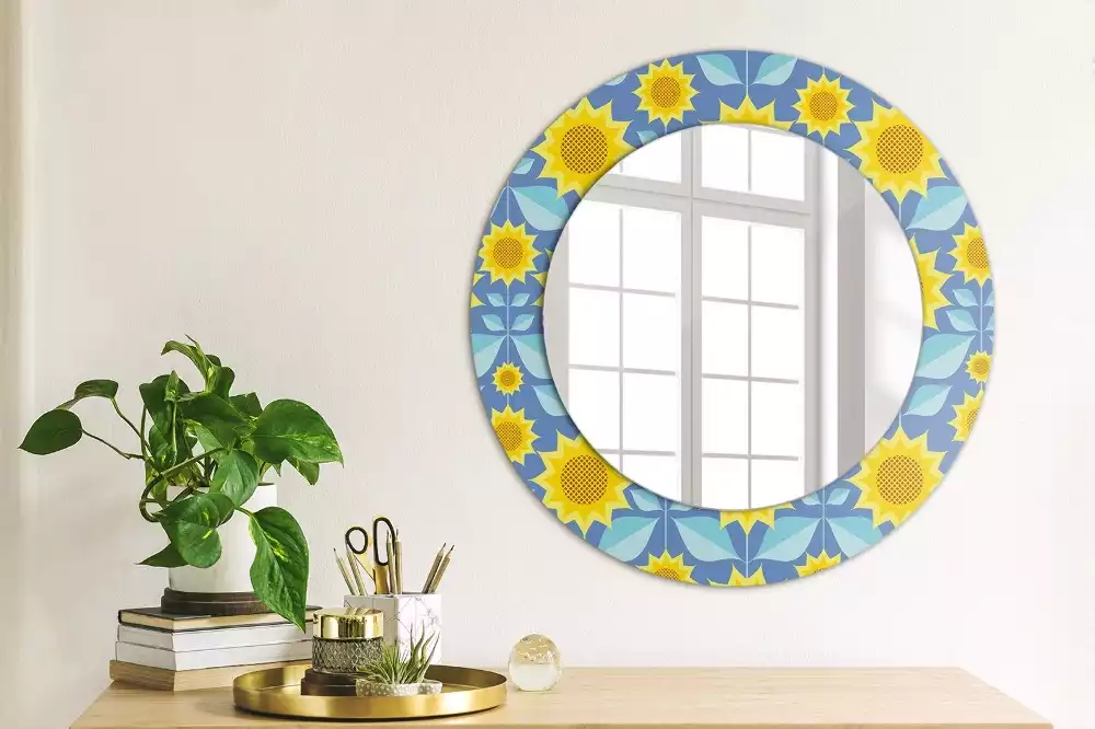 Miroir rond cadre avec impression Tournesols géométriques