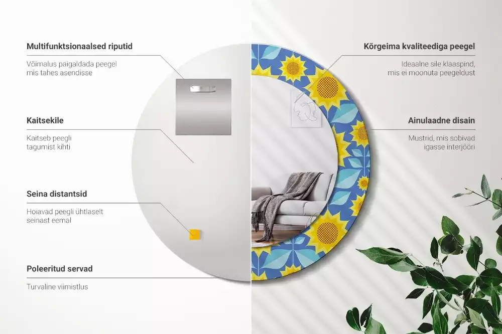 Miroir rond cadre avec impression Tournesols géométriques