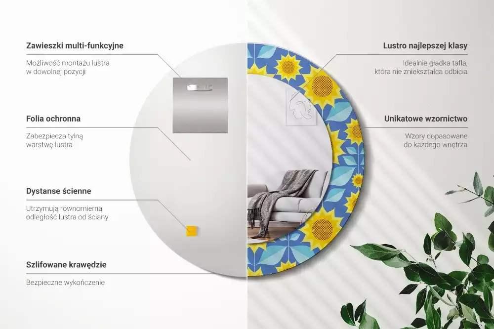Miroir rond cadre avec impression Tournesols géométriques