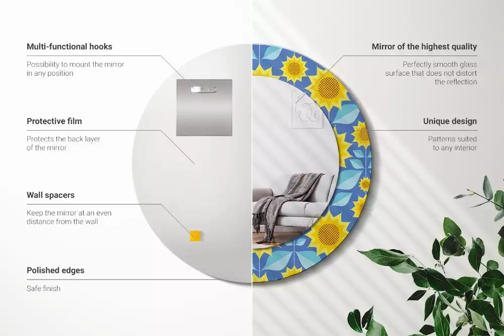 Miroir rond cadre avec impression Tournesols géométriques
