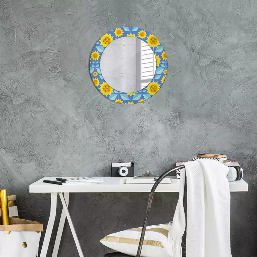 Miroir rond cadre avec impression Tournesols géométriques