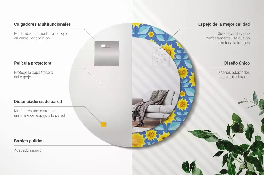 Miroir rond cadre avec impression Tournesols géométriques