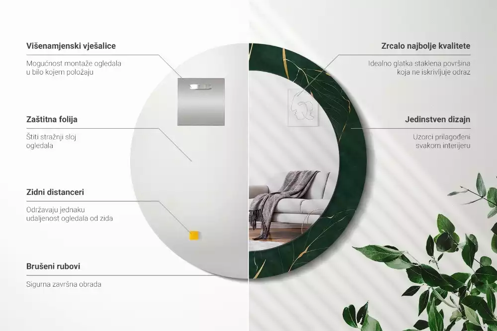 Miroir rond imprimé Contour de feuilles