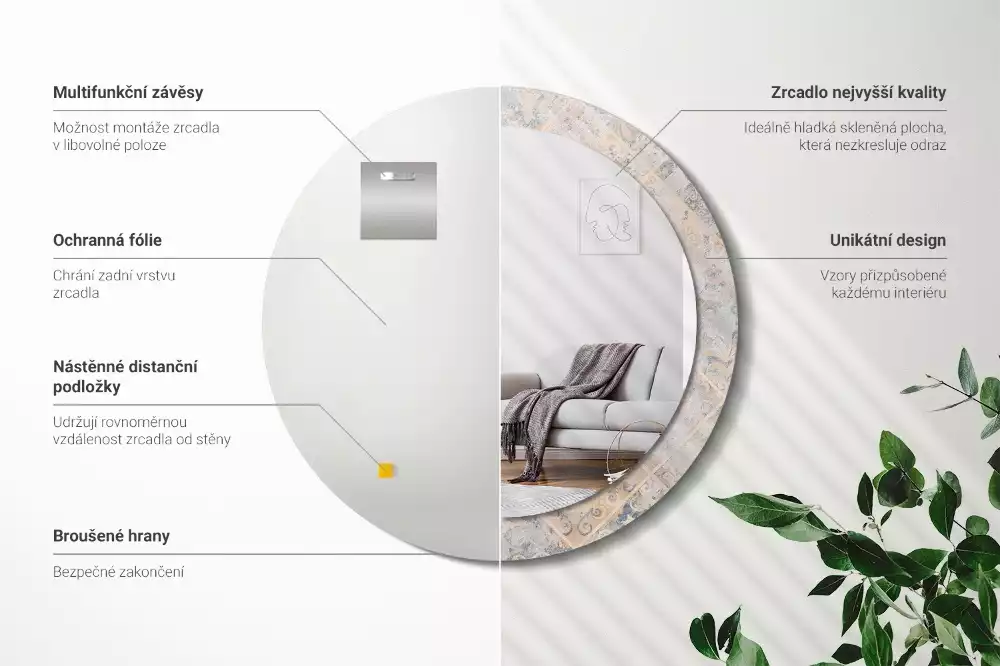 Miroir rond cadre avec impression Carreaux usés