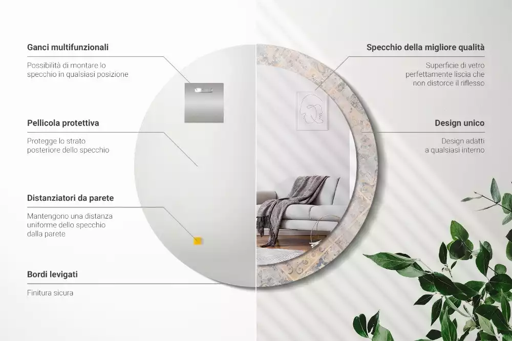 Miroir rond cadre avec impression Carreaux usés