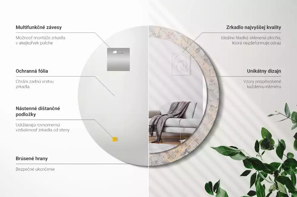 Miroir rond cadre avec impression Carreaux usés