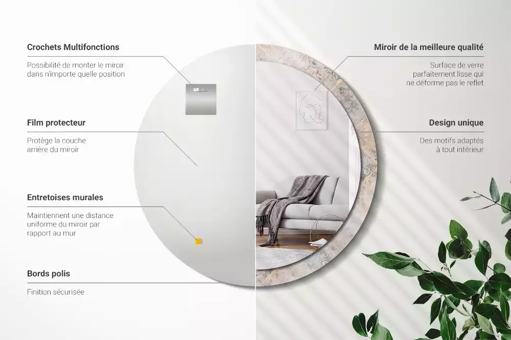 Miroir rond cadre avec impression Carreaux usés