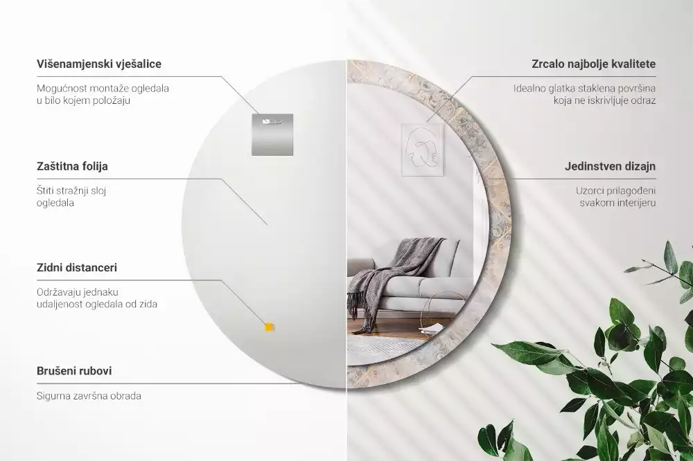 Miroir rond cadre avec impression Carreaux usés