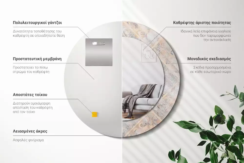 Miroir rond cadre avec impression Carreaux usés