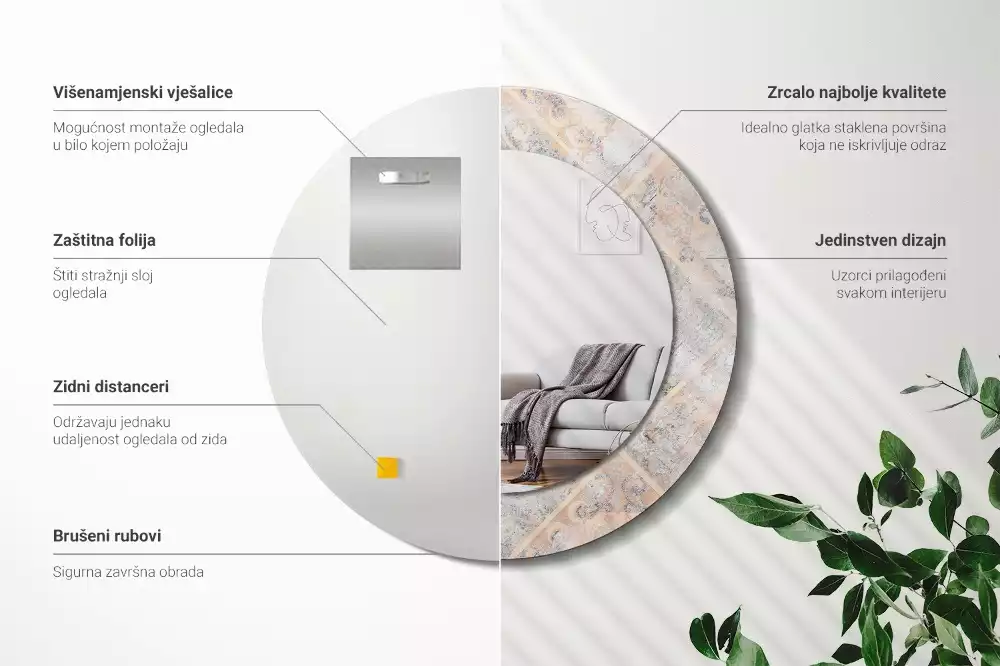 Miroir rond cadre avec impression Carreaux usés