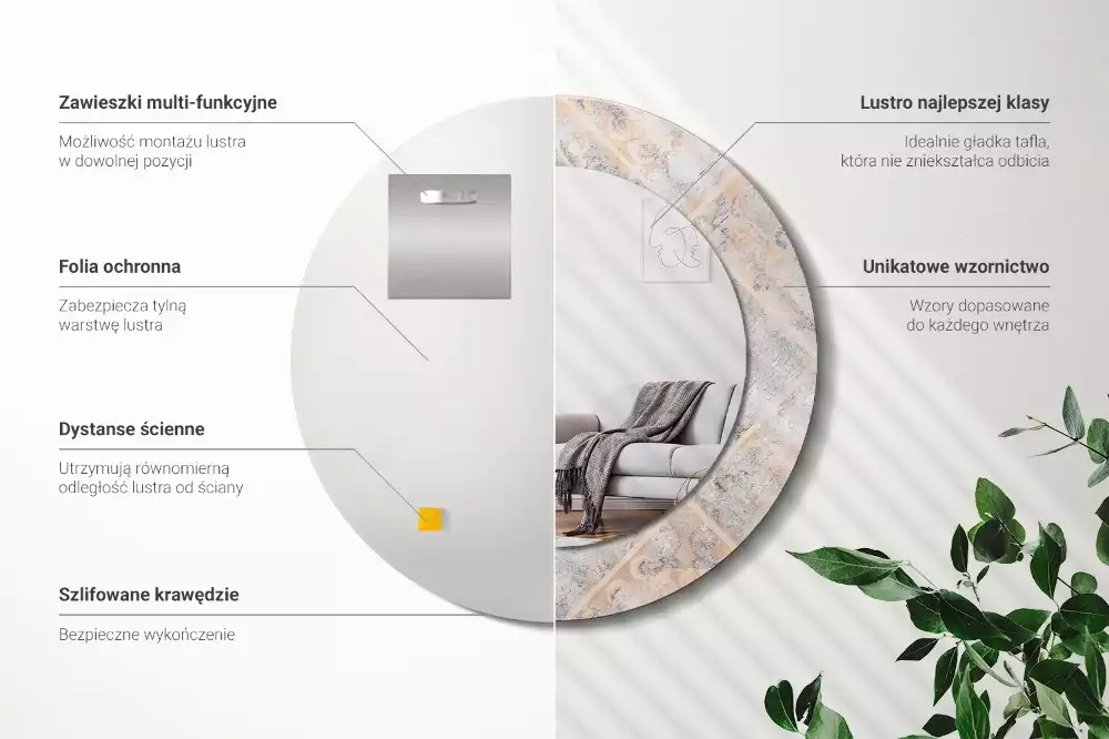 Miroir rond cadre avec impression Carreaux usés