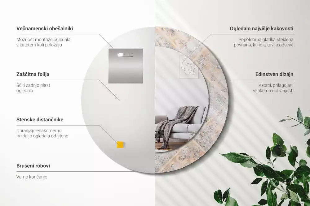 Miroir rond cadre avec impression Carreaux usés