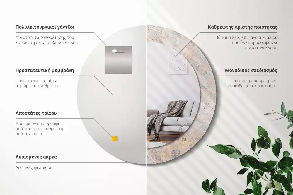 Miroir rond cadre avec impression Carreaux usés