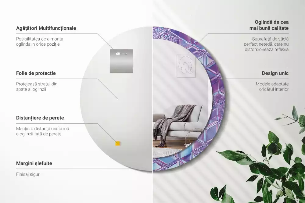 Miroir rond cadre avec impression Motif cristallin