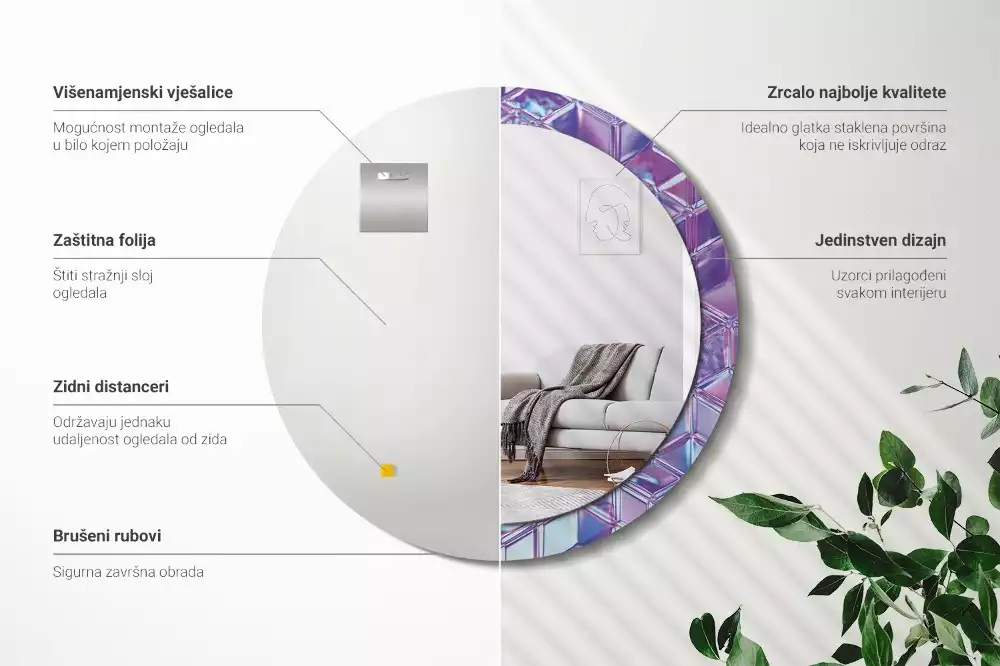 Miroir rond cadre avec impression Motif cristallin