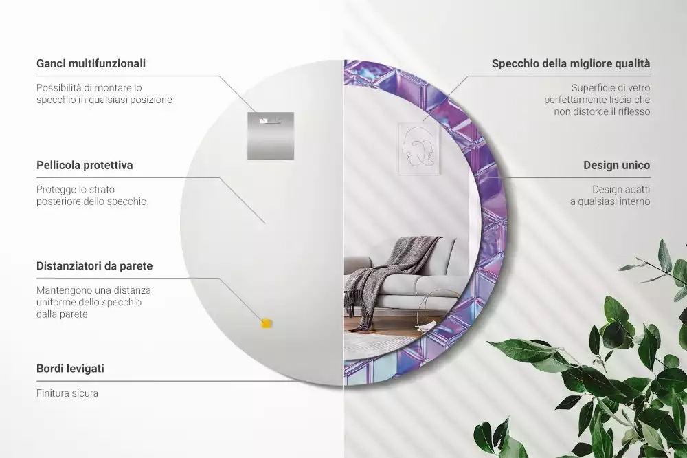 Miroir rond cadre avec impression Motif cristallin