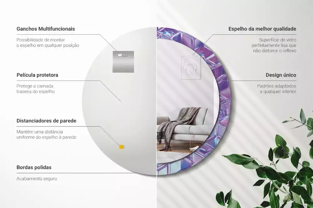 Miroir rond cadre avec impression Motif cristallin