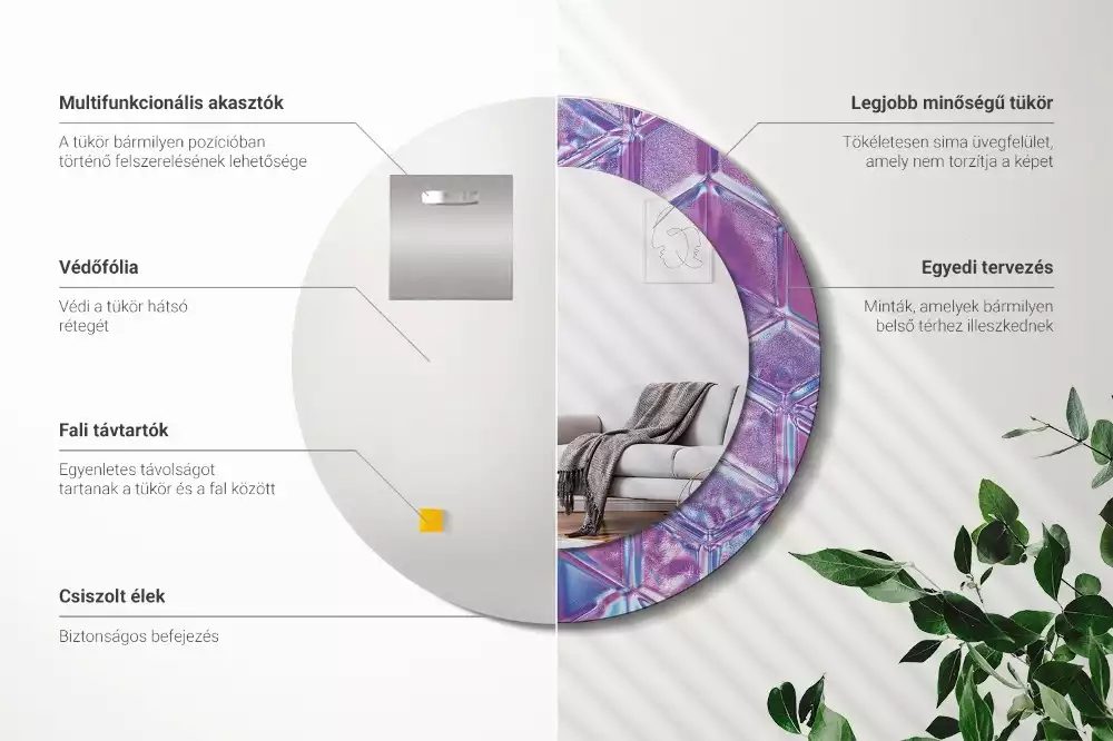 Miroir rond cadre avec impression Motif cristallin