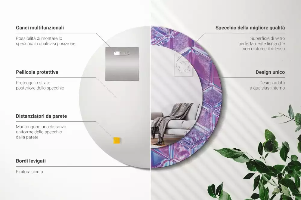 Miroir rond cadre avec impression Motif cristallin